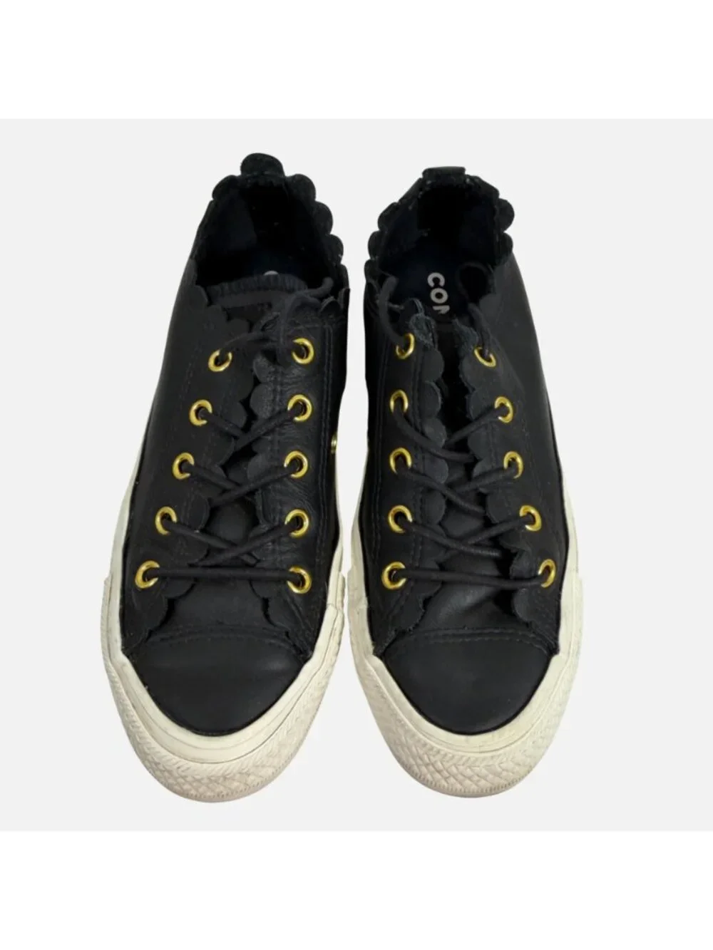 CONVERSE Chuck Taylor Black Leather Low Sneakers "Frilly Thrills" Women's Sz 5 - Picture 2 of 10